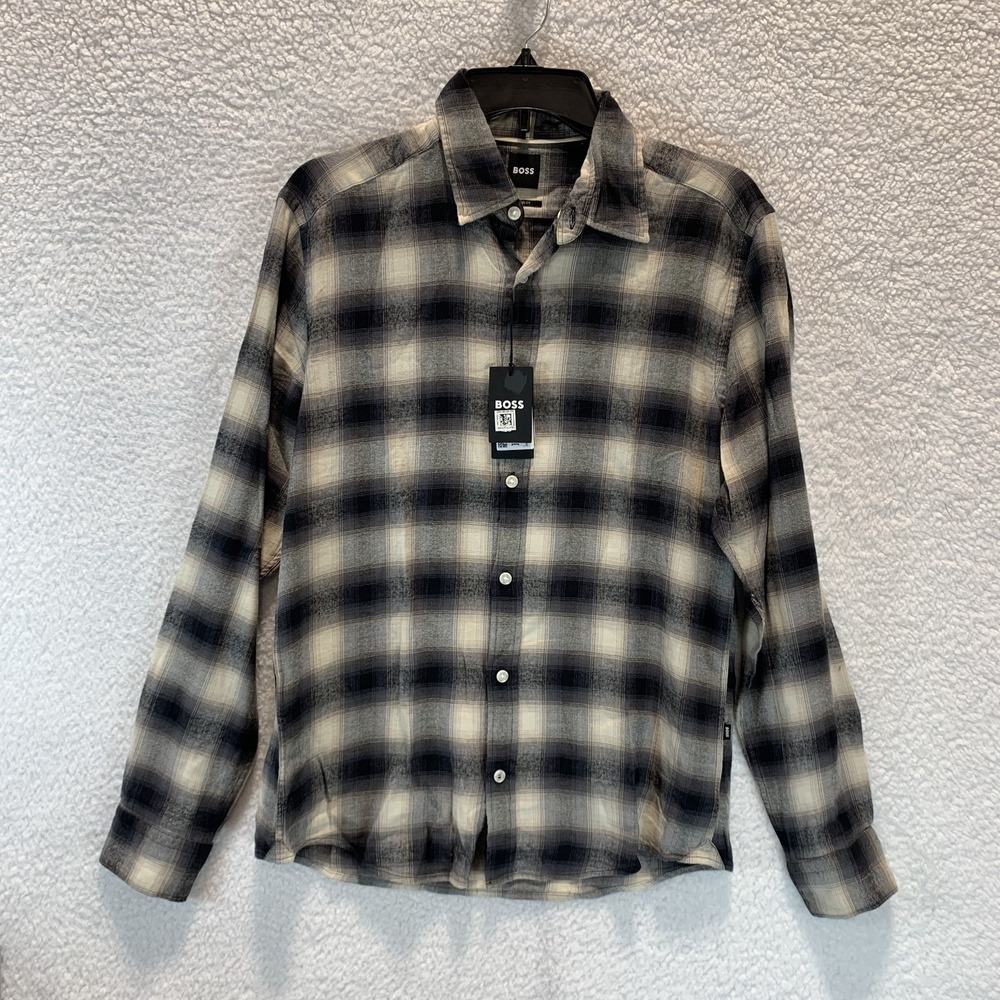Boss Men's Button Up Shirt S Flannel Liam Kent Gray Brushed Cotton Regular Fit‎